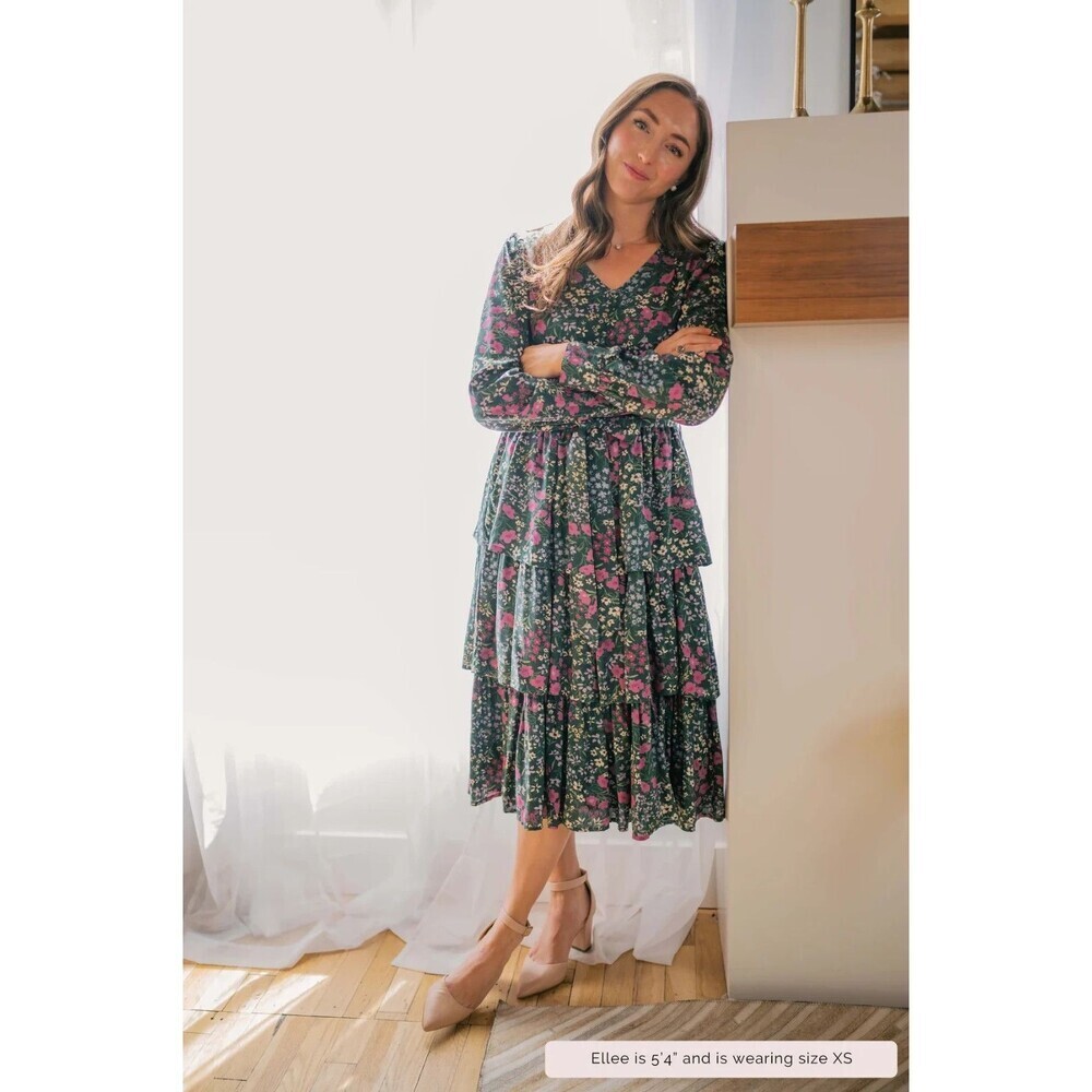 NWT Merrick White Womens‎ Midi Dress Green M Floral Layered Ruffle Waist Tie